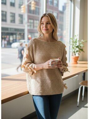 Jolt Womens L Beige Open Knit Sweater Bow Sleeve Pullover Acrylic NWT